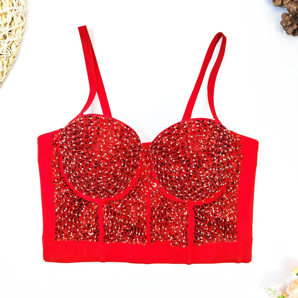 Gold Beaded Sequin Embroidery Bustier Corset Crop Top Party Bralette