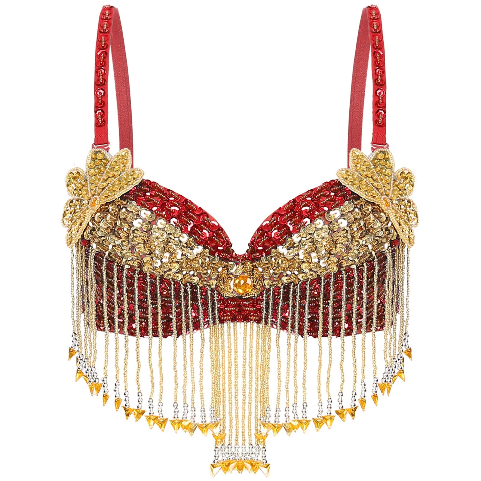 Sparkly Floral Beaded Sequin Belly Dance Bra & Tassel Performance Top