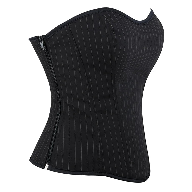 Black Striped Overbust Corset Top Zipper Front Lace-Up Bustier Body Shaper