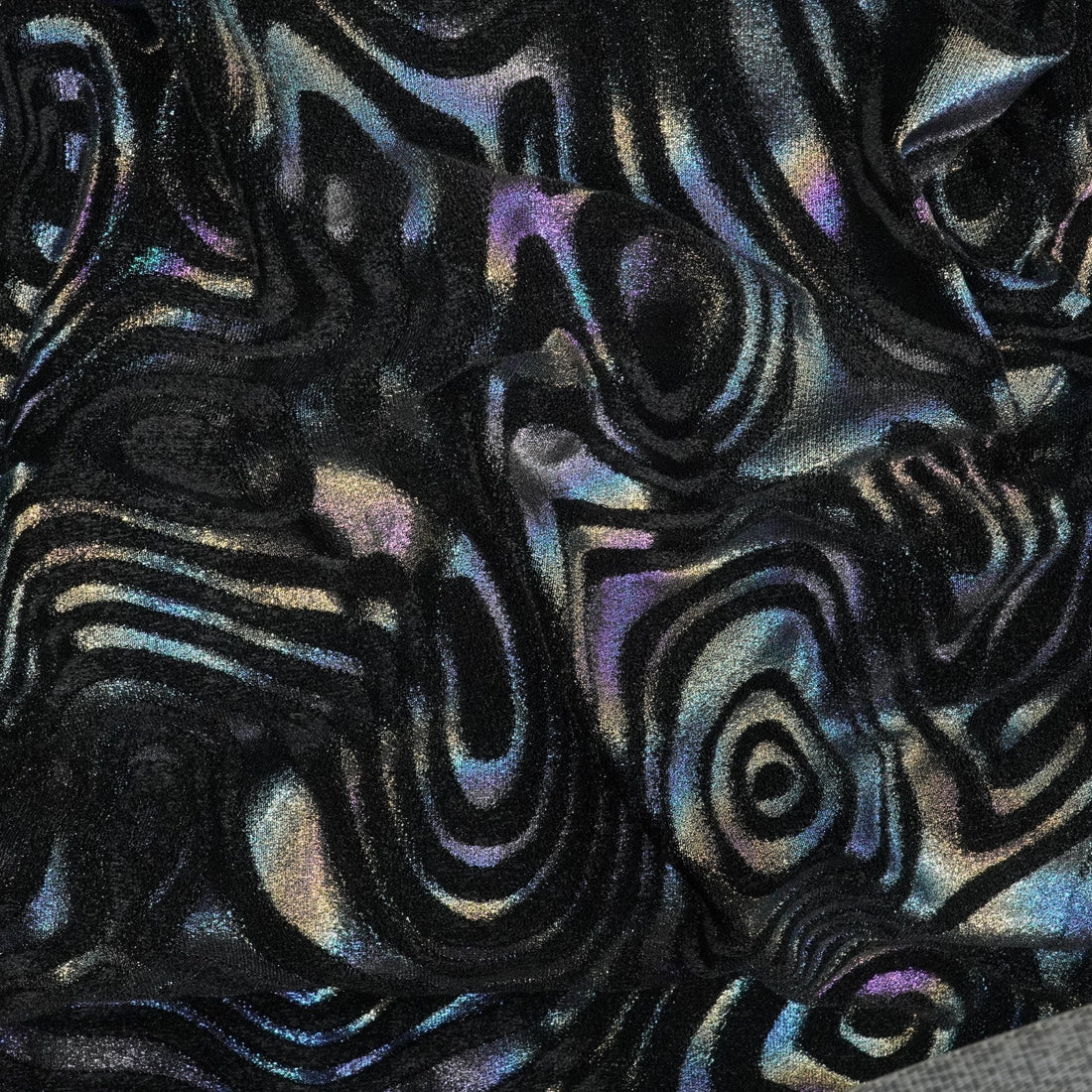 Sonic Swirl Embossed Foiled on Stretch Velvet Fabric | Blue Moon Fabrics