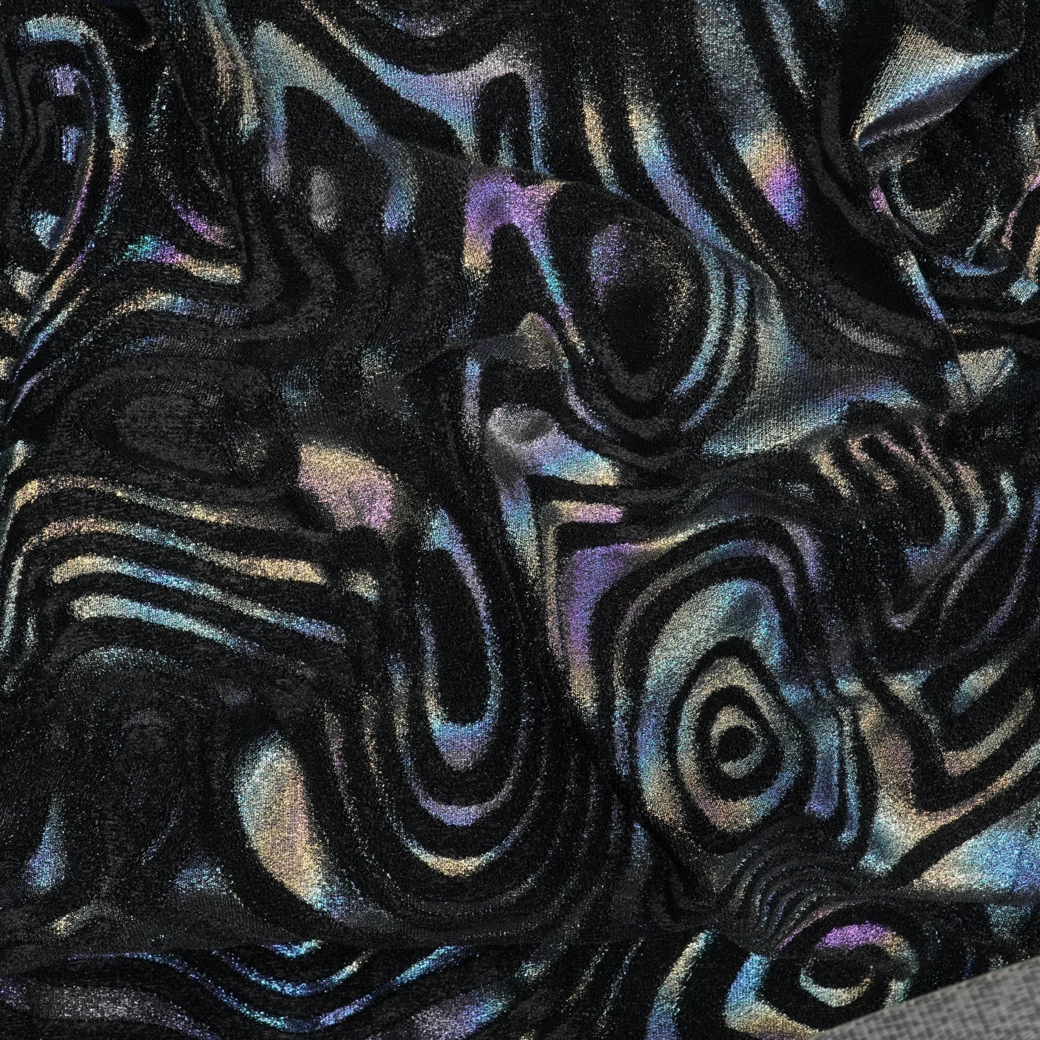 Sonic Swirl Embossed Foiled on Stretch Velvet Fabric | Blue Moon Fabrics