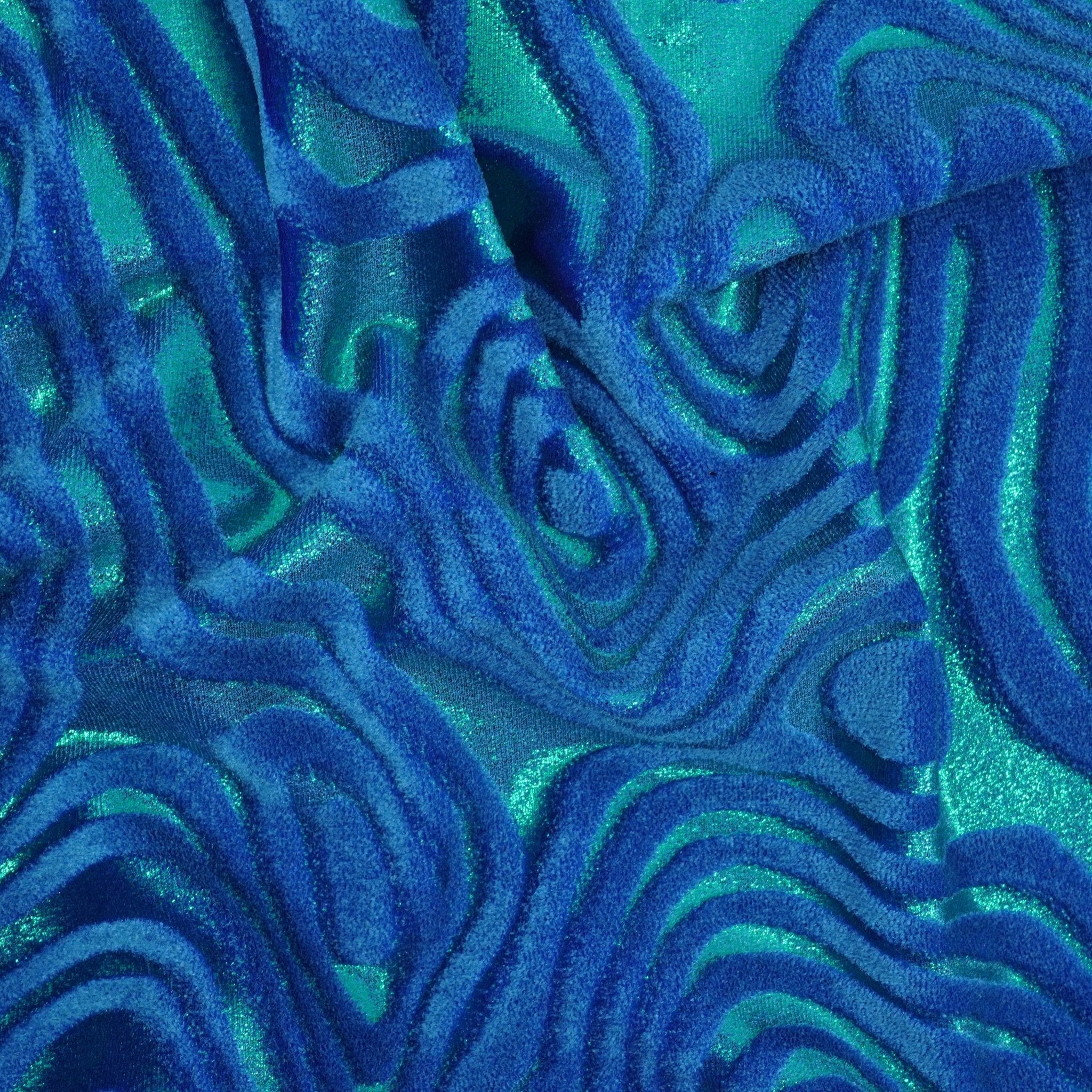 Sonic Swirl Embossed Foiled on Stretch Velvet Fabric | Blue Moon Fabrics