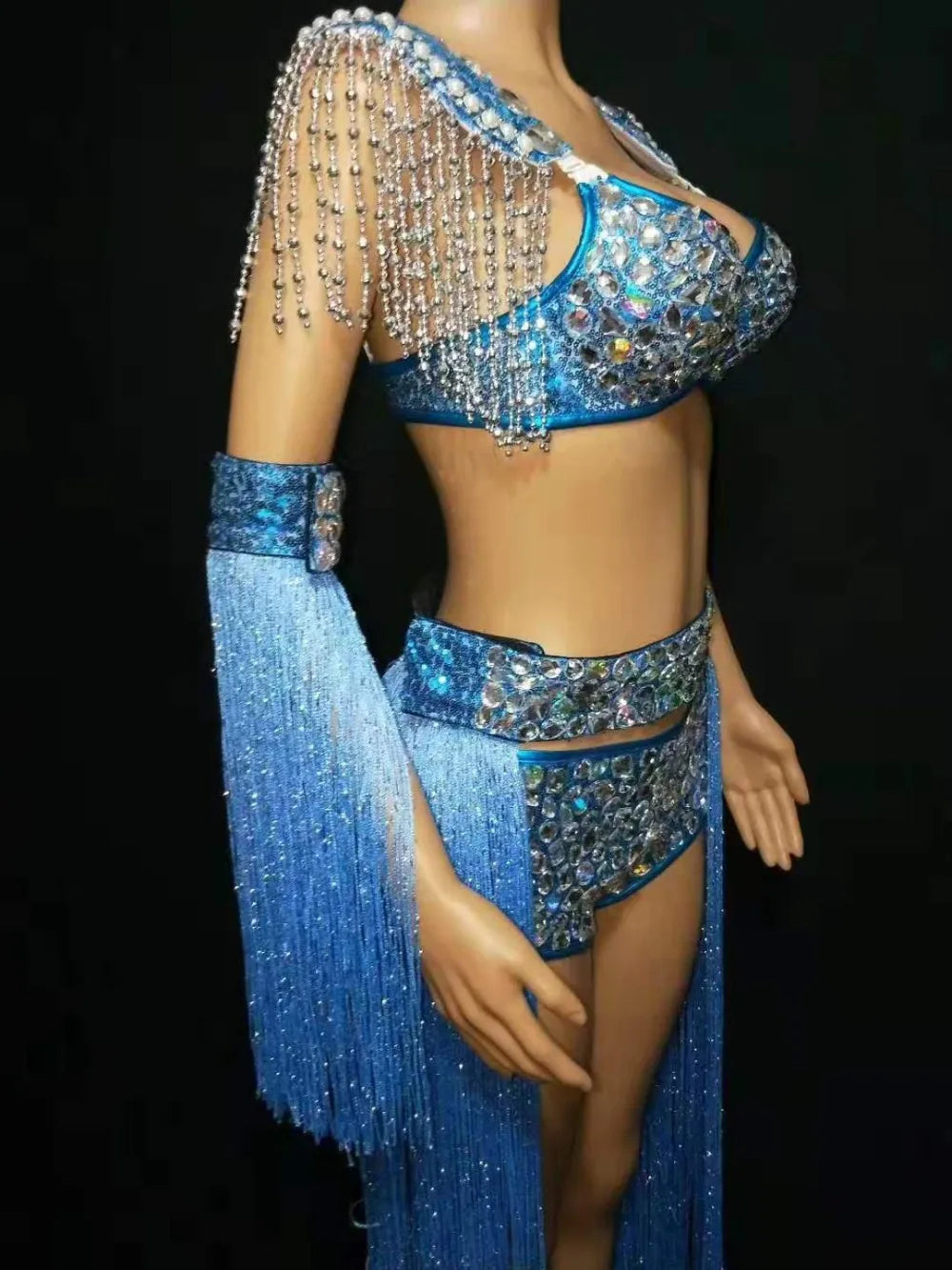 Royal Blue Rhinestone Fringe Bodysuit & Shoulder Epaulets Stage Performance Costume Set