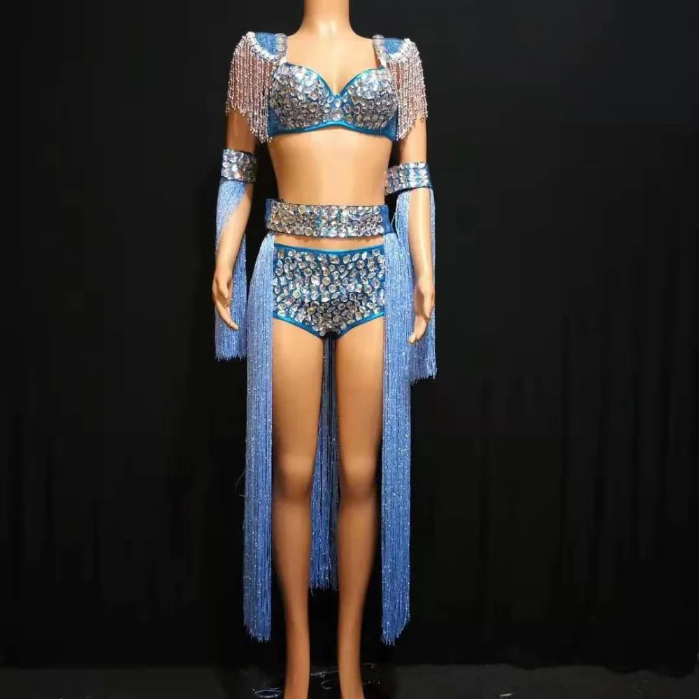 Royal Blue Rhinestone Fringe Bodysuit & Shoulder Epaulets Stage Performance Costume Set
