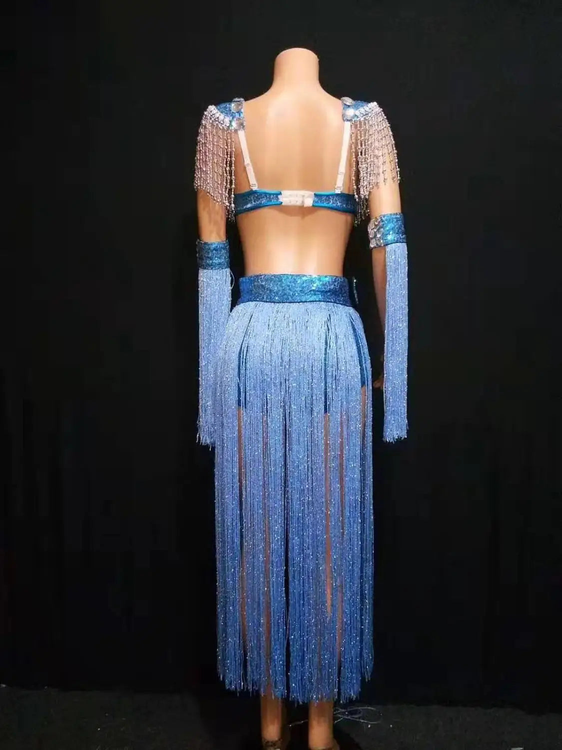 Royal Blue Rhinestone Fringe Bodysuit & Shoulder Epaulets Stage Performance Costume Set