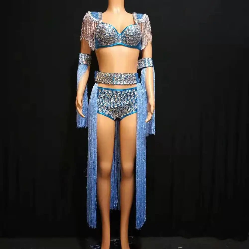 Royal Blue Rhinestone Fringe Bodysuit & Shoulder Epaulets Stage Performance Costume Set