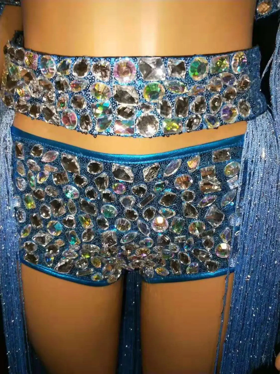 Royal Blue Rhinestone Fringe Bodysuit & Shoulder Epaulets Stage Performance Costume Set