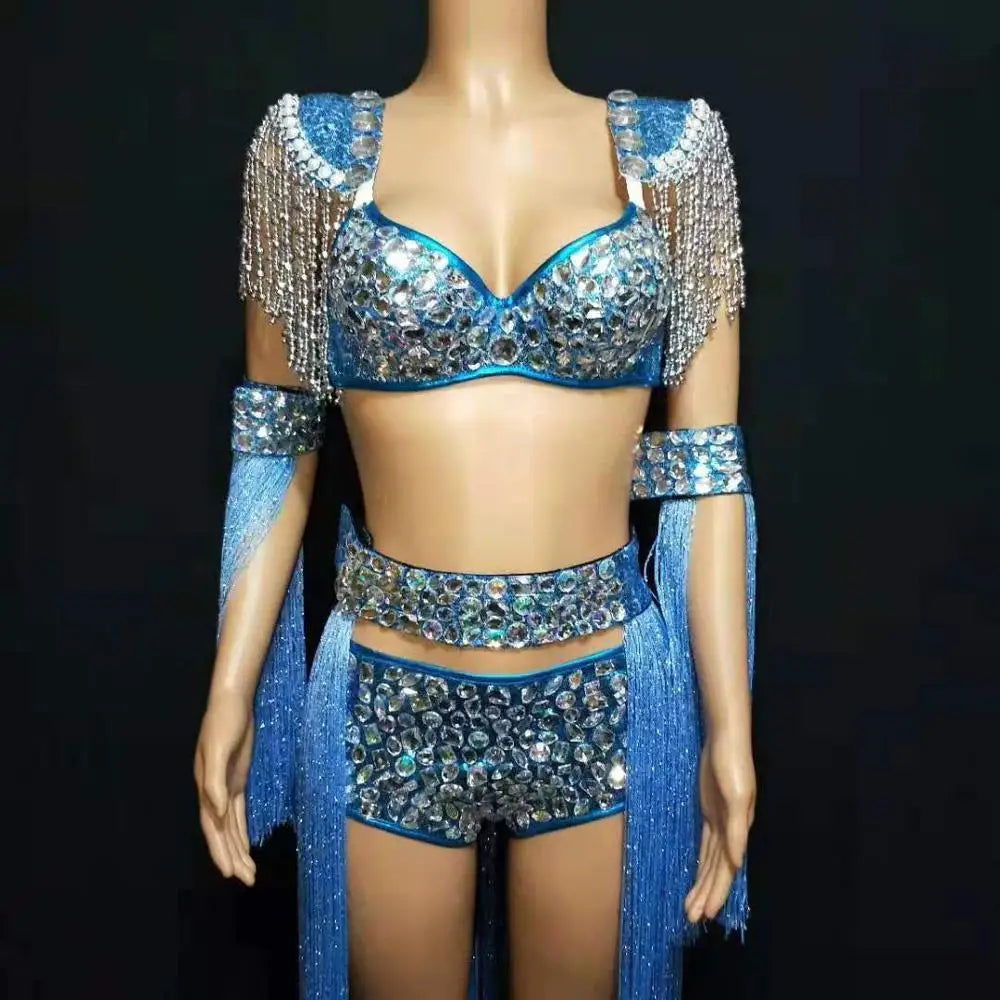 Royal Blue Rhinestone Fringe Bodysuit & Shoulder Epaulets Stage Performance Costume Set