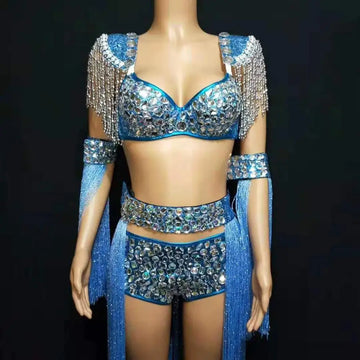 Royal Blue Rhinestone Fringe Bodysuit & Shoulder Epaulets Stage Performance Costume Set