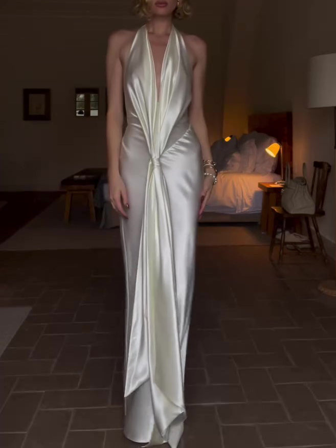 Showgirl Style Deep V Solid Color Backless Maxi Dress