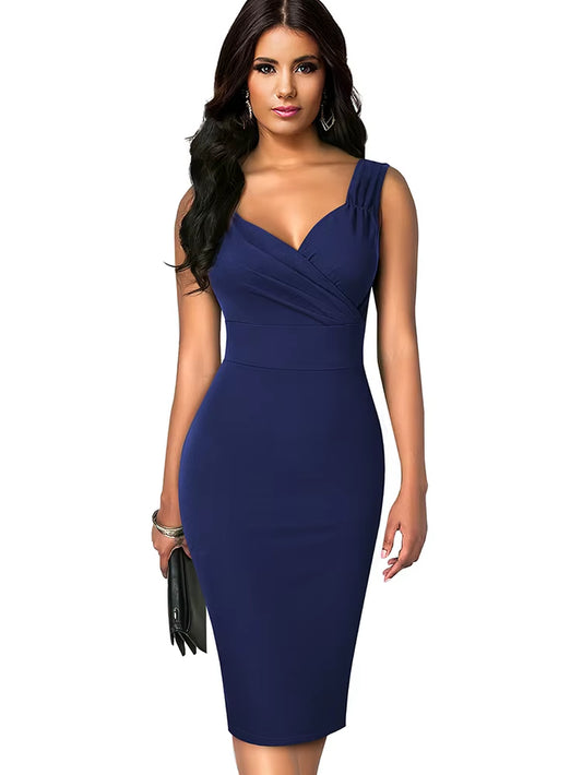 Nice-Forever Summer Women Solid Color Sexy Deep V Elegant Dresses Cocktail Wedding Party Vintage Bodycon Sheath Dress B695