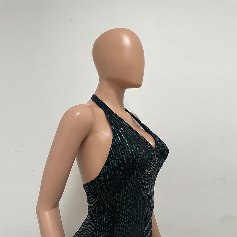 Split-Thigh Backless Sleeveless Halter Fringe Showgirl Sequin Dress