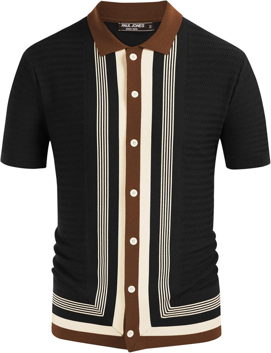 Men'S Vintage Stripe Knit Polo Shirts Short Sleeve Stylish Button down Cardigan Sweater