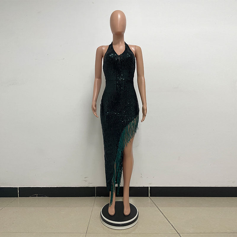 Split-Thigh Backless Sleeveless Halter Fringe Showgirl Sequin Dress