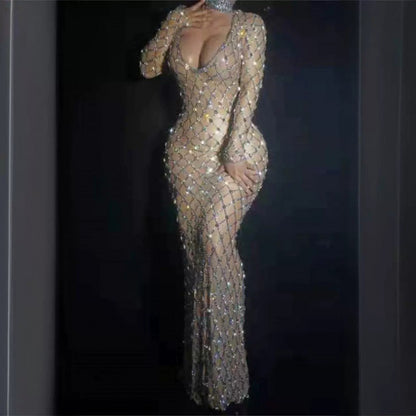 Showgirl Style AB V-Neck Glamour Maxi Dress