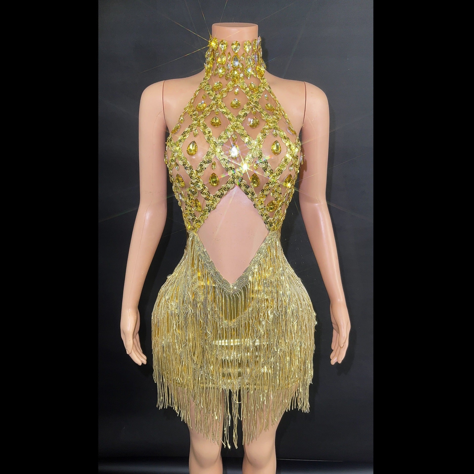 Women's Sequined Tassel Full Diamond Halter Dress