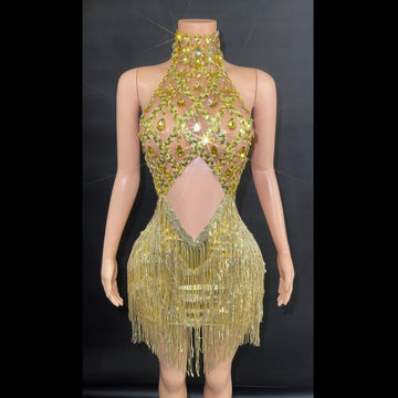 Women's Sequined Tassel Full Diamond Halter Dress