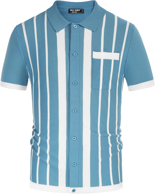 Mens Polo Shirts Vintage Striped Button down Knitted Golf Shirts