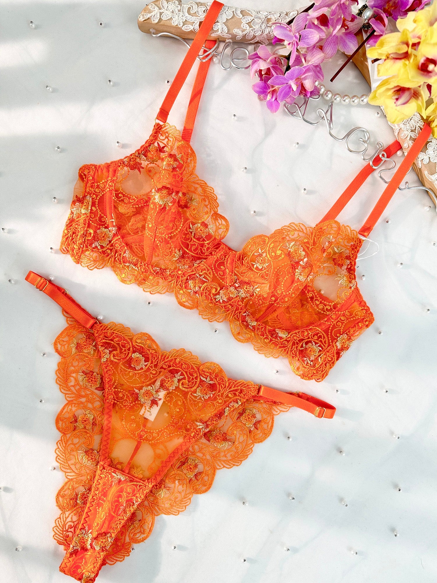 Orange Floral Embroidery Lingerie Set