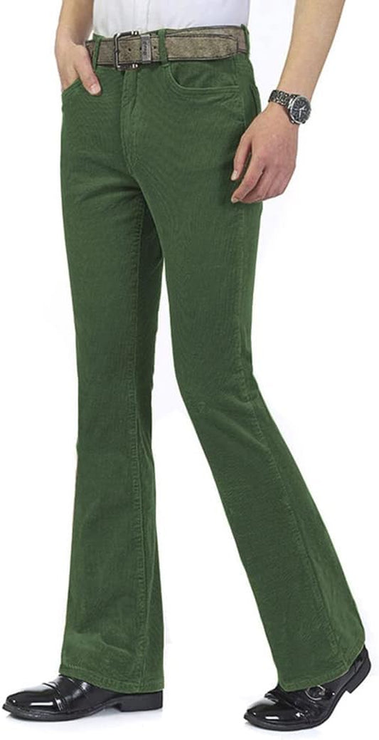 Men Corduroy Bell Bottom Flares Pants Slim Fit 60S 70S Vintage Bootcut Trousers