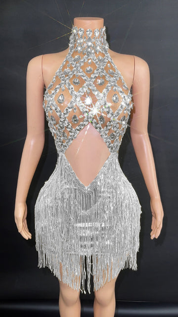 Sequined Tassel Full Diamond Showgirl Halter Costume Dress