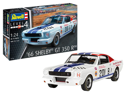 Model car kit of a 1966 Shelby GT 350 R with packaging on a white background