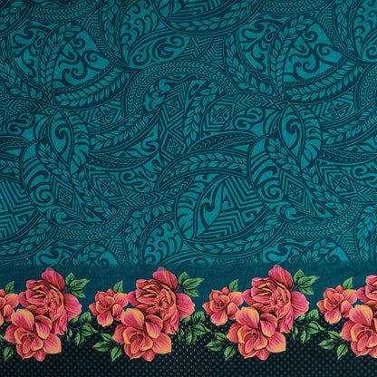 Traditional Polynesian Tattoo Rose Polka Dot border Fabric | Peachskin