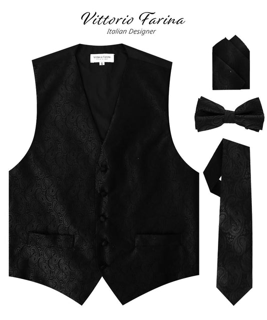 Vittorio Farina Men's Woven Paisley Vest, Necktie, Bow Tie and Pocket Square Set (Black Back)