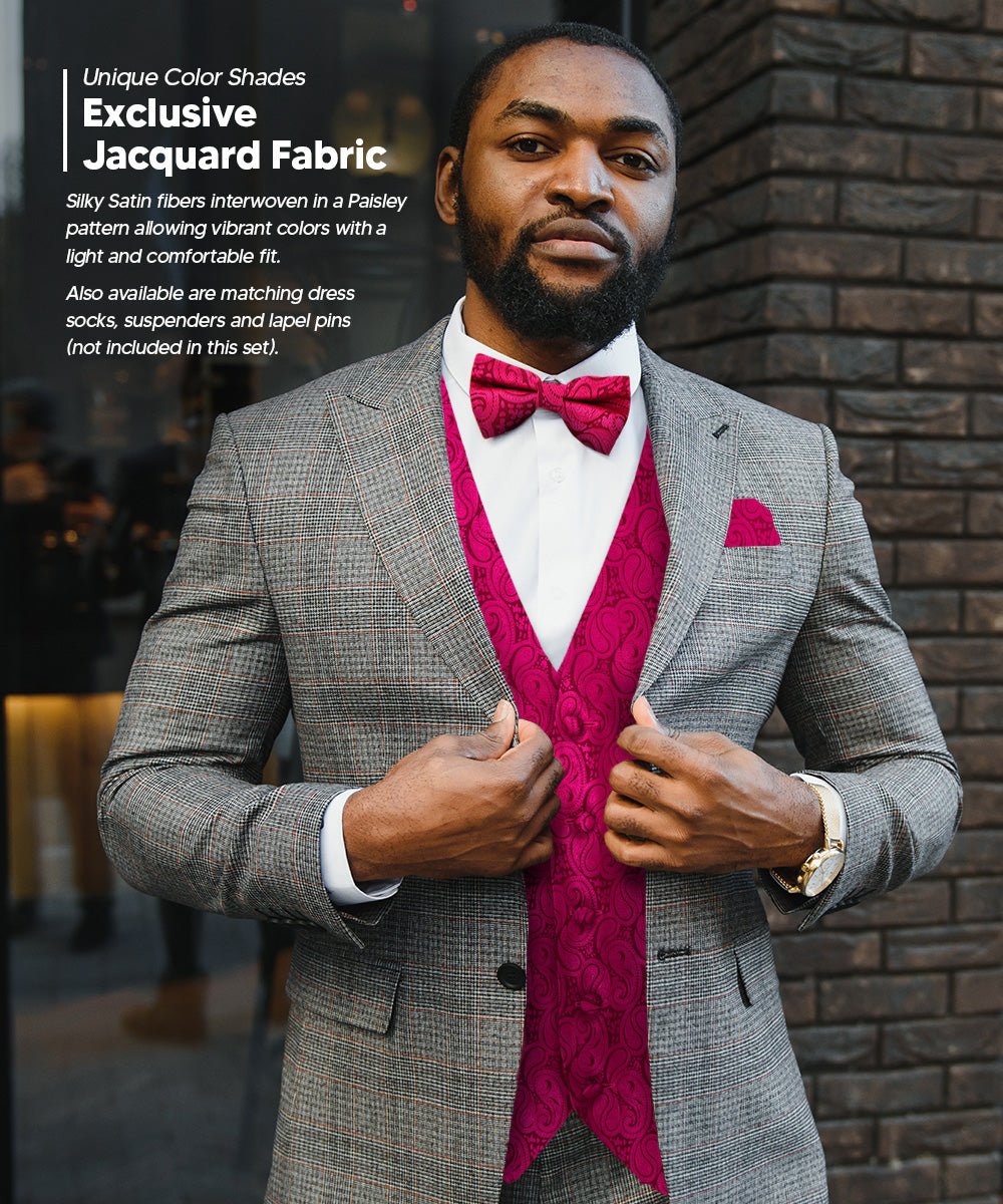 Vittorio Farina Men's Woven Paisley Vest, Necktie, Bow Tie and Pocket Square Set (Black Back)