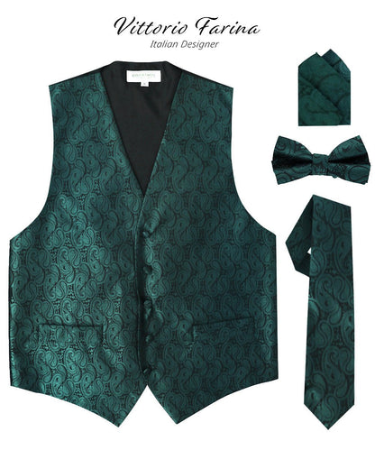 Vittorio Farina Men's Woven Paisley Vest, Necktie, Bow Tie and Pocket Square Set (Black Back)