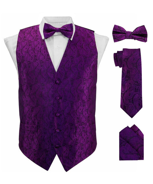 Vittorio Farina Men's Woven Paisley Vest, Necktie, Bow Tie and Pocket Square Set (Black Back)