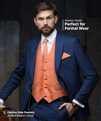 Vittorio Farina Men's Woven Paisley Vest, Necktie, Bow Tie and Pocket Square Set (Black Back)