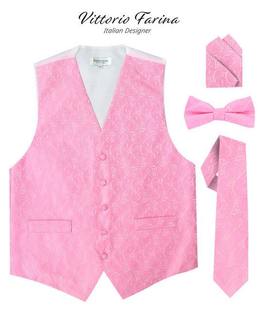 Vittorio Farina Men's Woven Paisley Vest, Necktie, Bow Tie and Pocket Square Set (White Back)