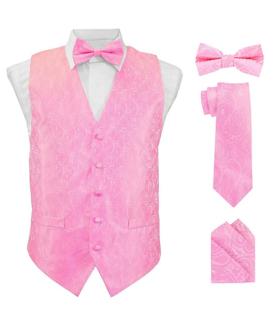 Vittorio Farina Men's Woven Paisley Vest, Necktie, Bow Tie and Pocket Square Set (White Back)