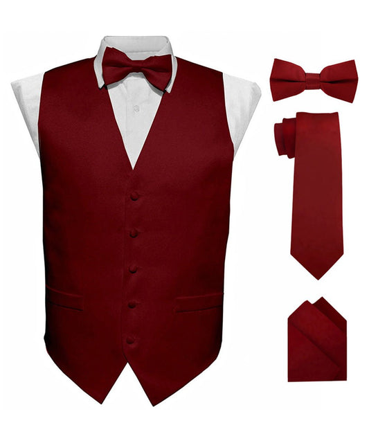 Vittorio Farina Men's Satin Vest, Necktie, Bow Tie and Pocket Square Set (Black Back)