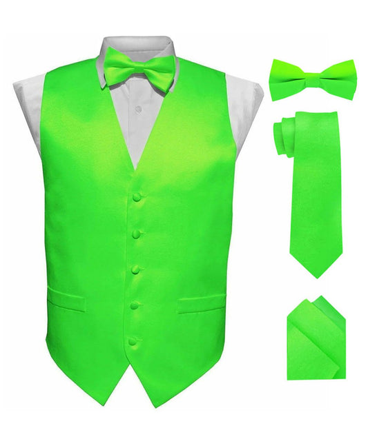 Vittorio Farina Men's Satin Vest, Necktie, Bow Tie and Pocket Square Set (Black Back)