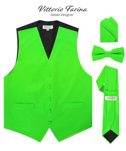 Vittorio Farina Men's Satin Vest, Necktie, Bow Tie and Pocket Square Set (Black Back)