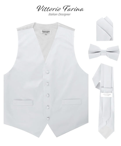 Vittorio Farina Men's Satin Vest, Necktie, Bow Tie and Pocket Square Set (White Back)